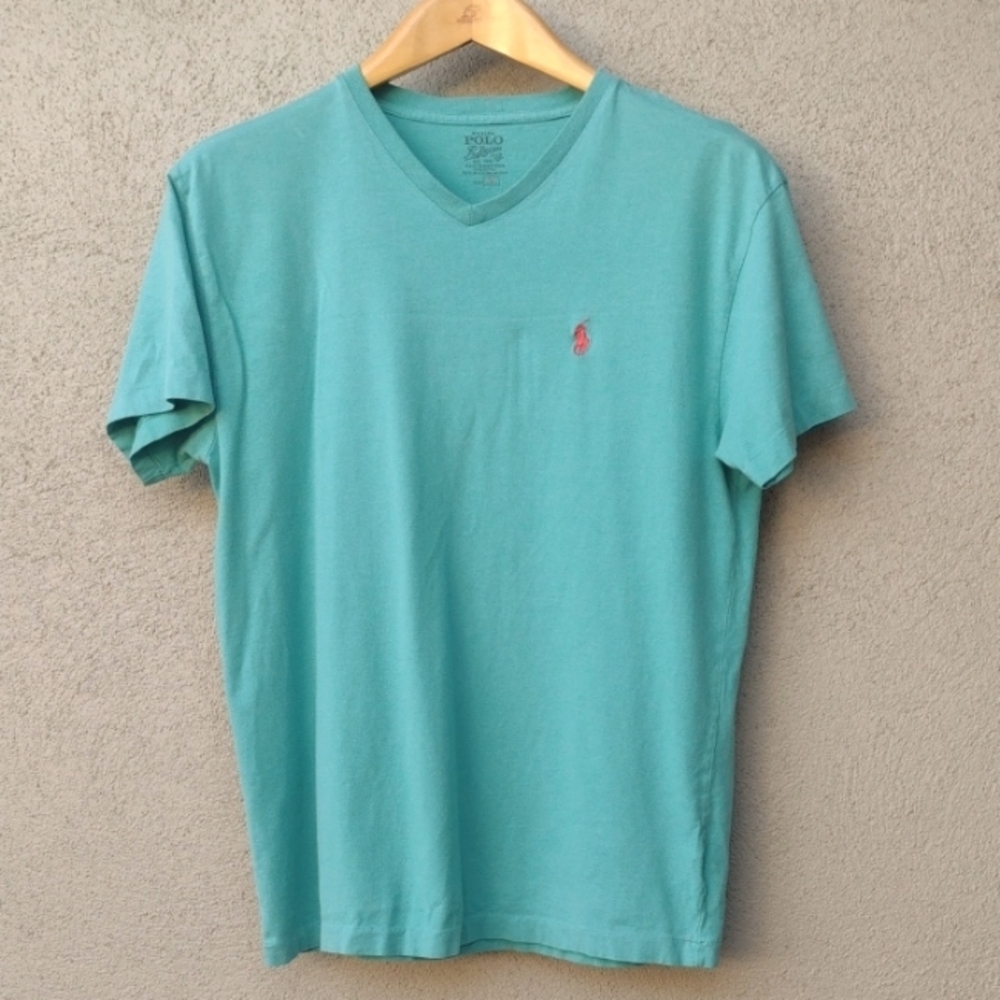 Vintage Polo by Ralph Lauren Men's Small Aqua V-Neck T-Shirt Single Stitch